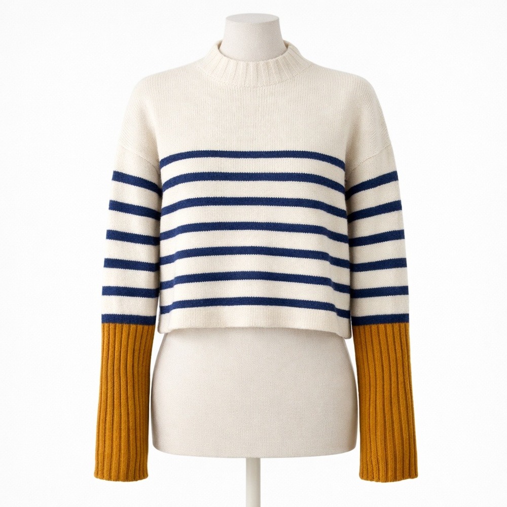 Striped Nautical 100% Wool Mock Neck Sweater Size M Cream Blue Fisherman Coastal